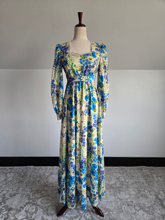 Vintage 70s Flower Power Nylon Maxi Dress - medium