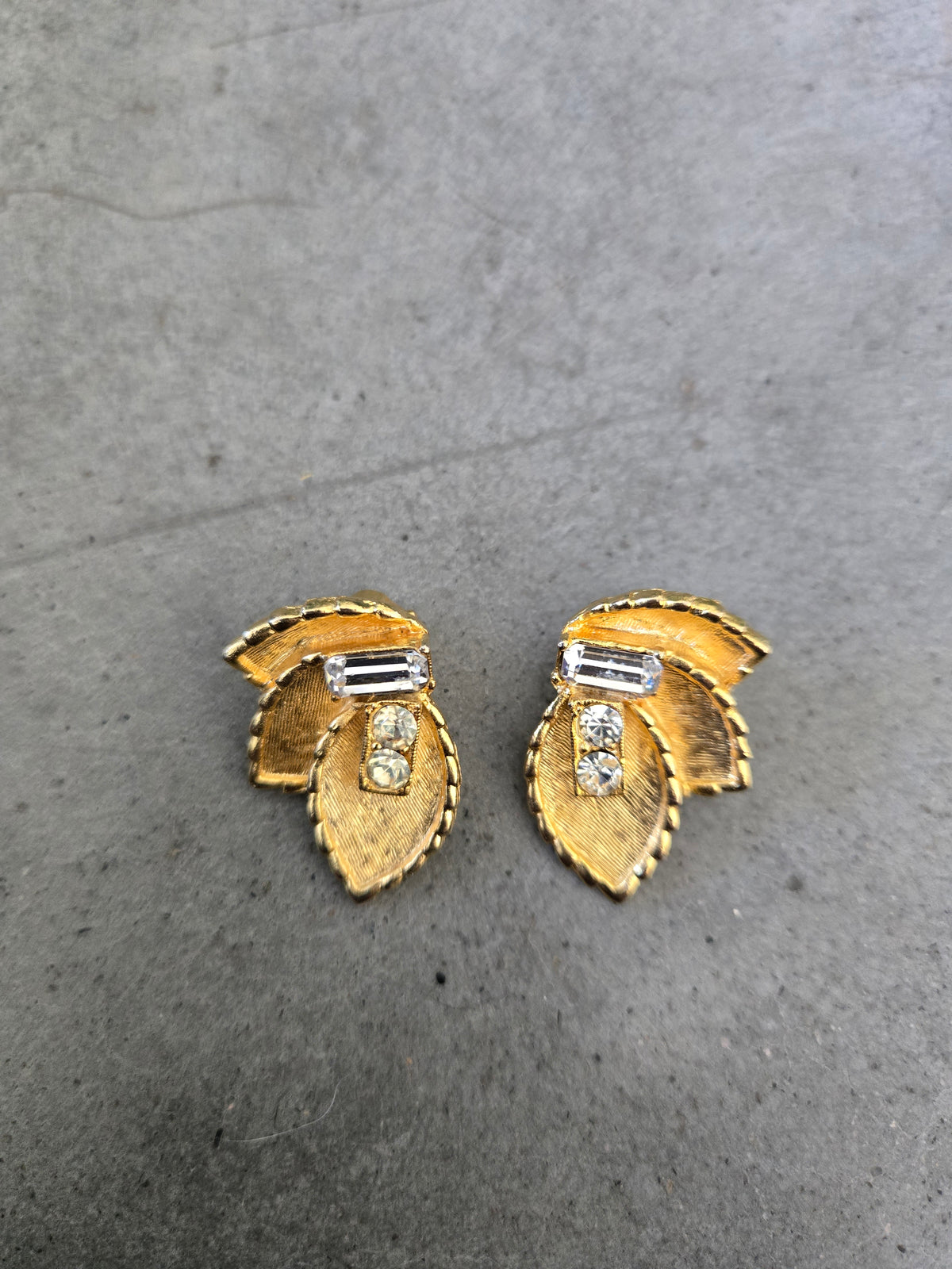 BSK Signed Vintage Leaf and Rhinestone Earrings - Clip Ons