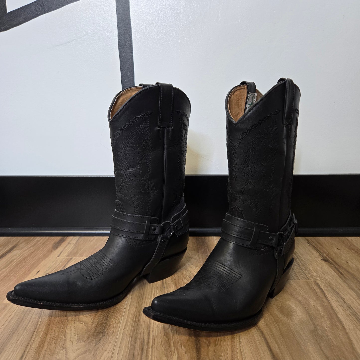 San Pedro Black Leather Western Boots with Ankle Strap