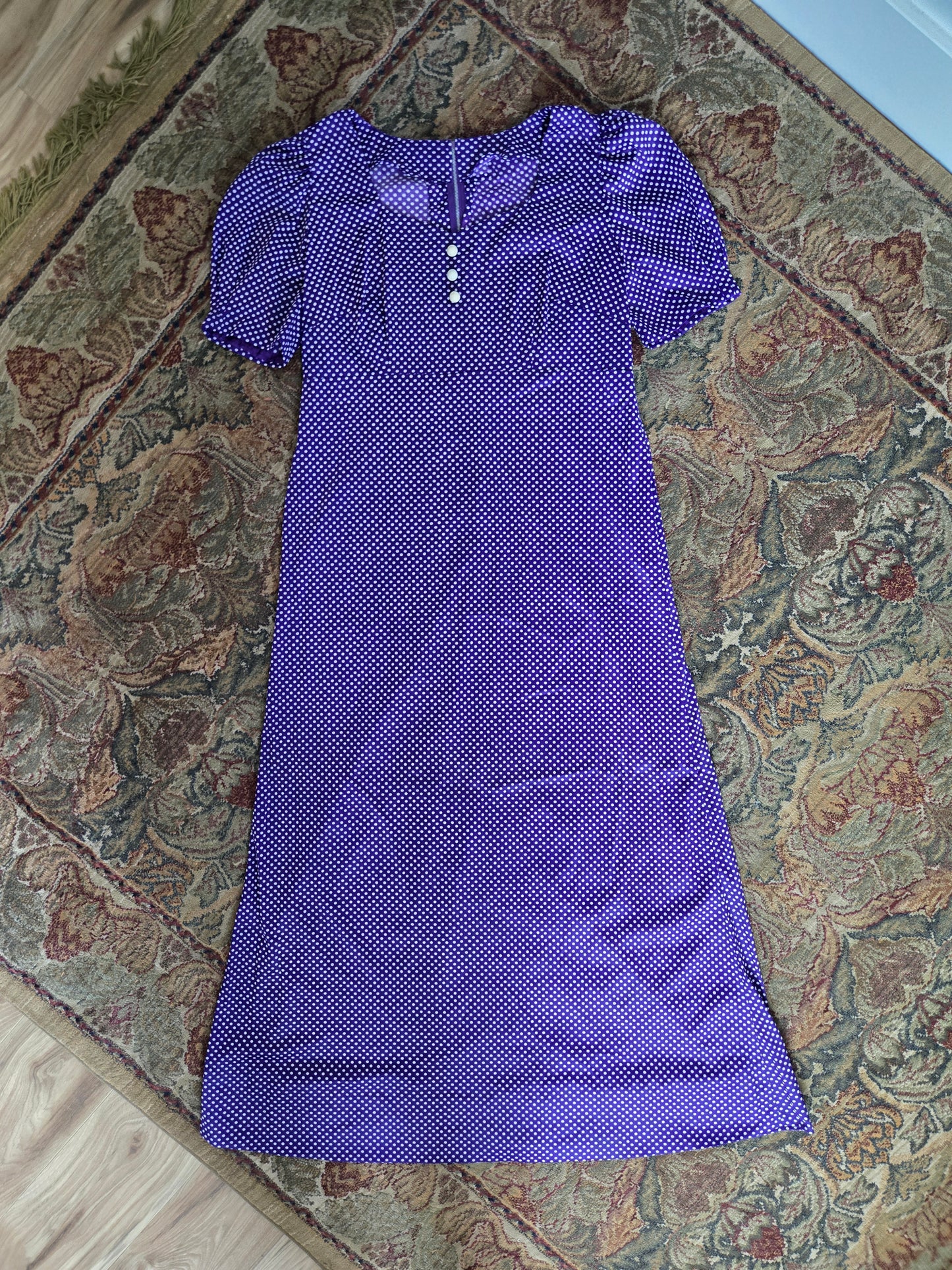 Vintage 60s Nylon Purple Polka Dot Sweetheart Dress - large