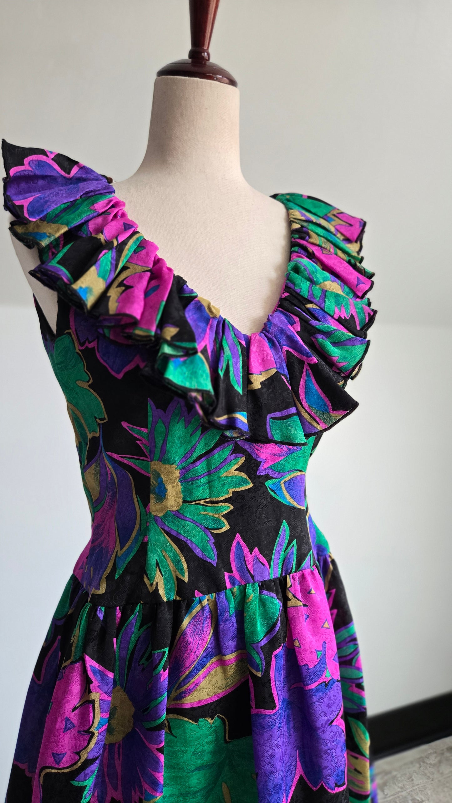 Morton Myles Vintage 1980s Silk Floral Dress - Small