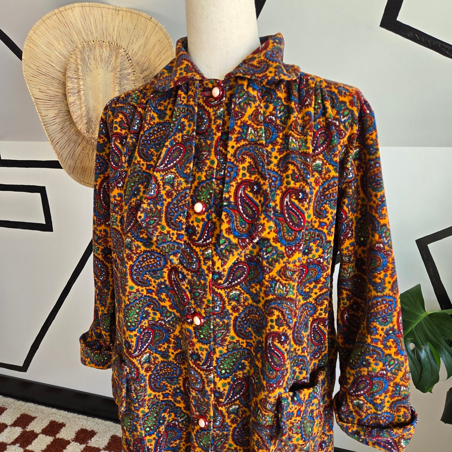 Handmade 60s Paisley Corduroy Button Down Dress with Neck Tie - XL