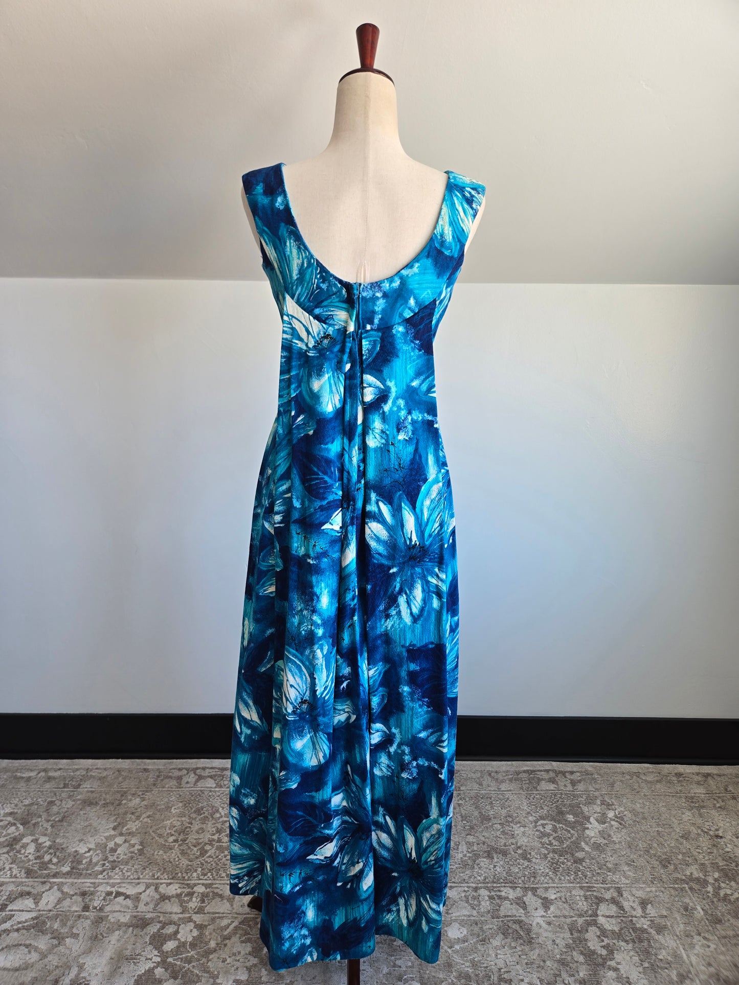 Royal Hawaiian Barkcloth Blue Floral Made in Hawaii Dress - Small