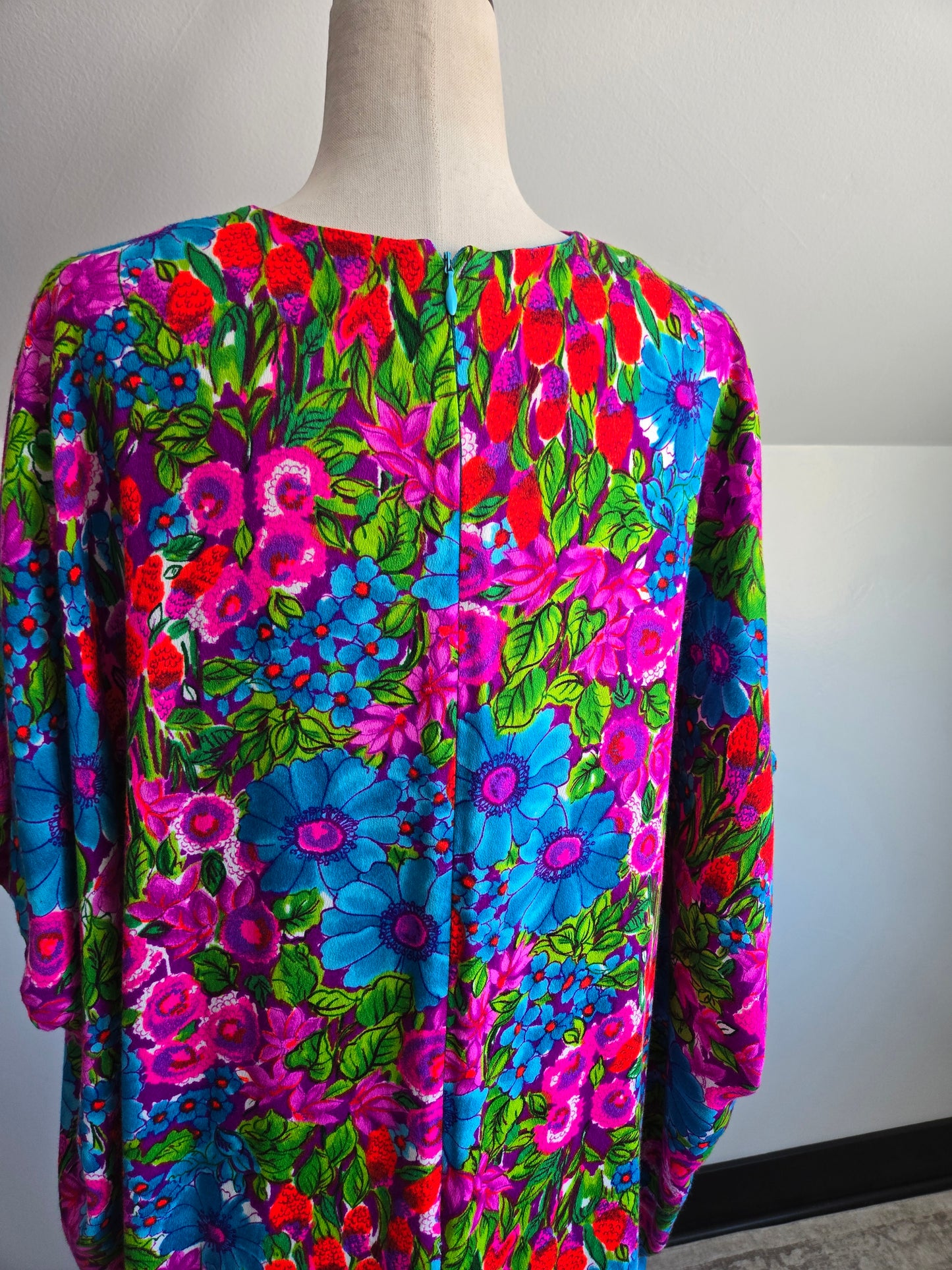 Ter-She Vintage Barkcloth Dayglo Print Floral Caftan - OS