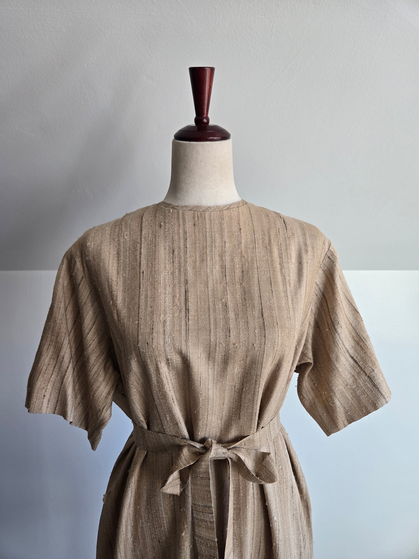 Vintage Raw Silk Tan Hand Made Dress - large