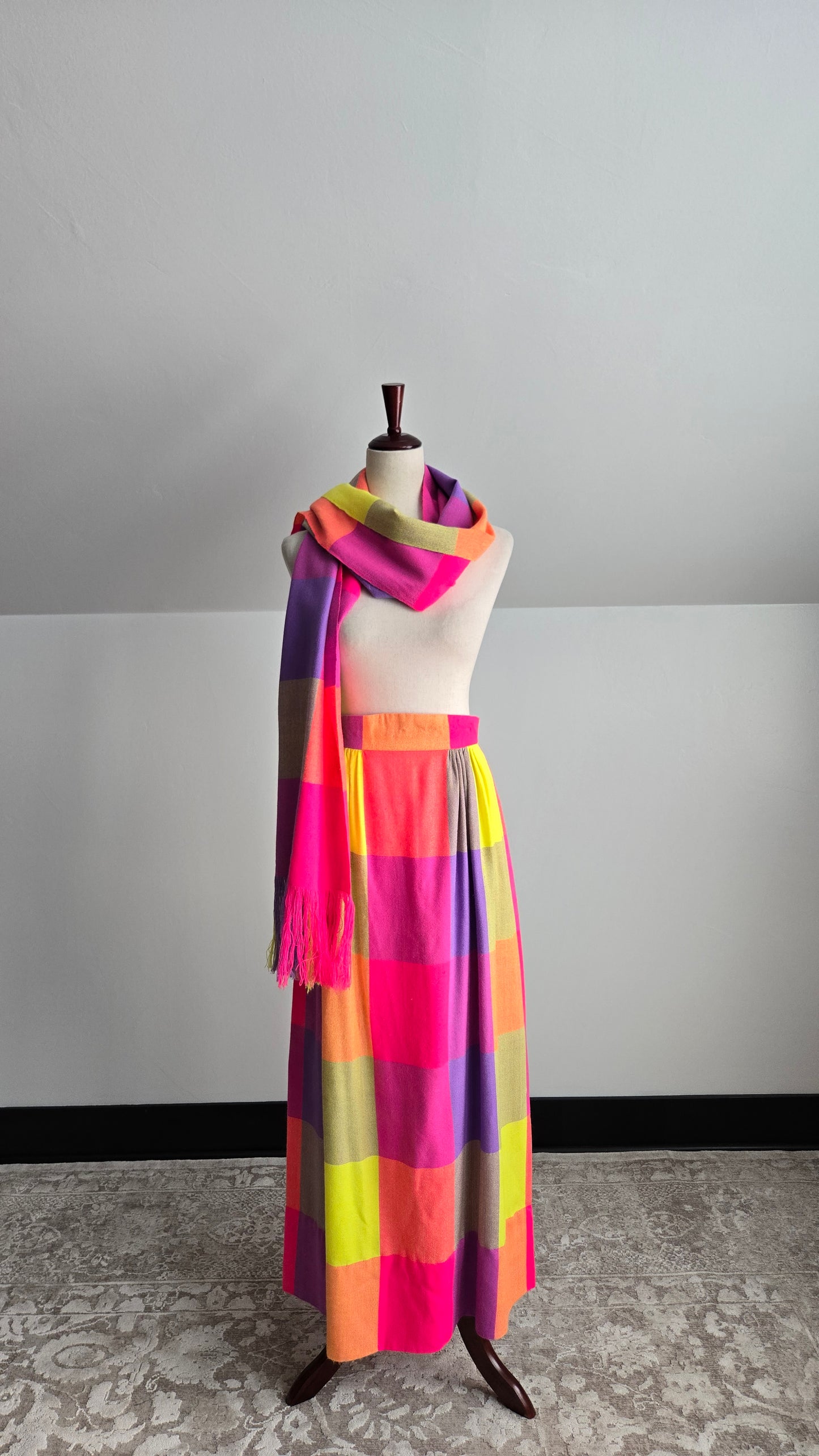Vintage 70s Neon Plaid Matching Skirt and Scarf Set - W28"