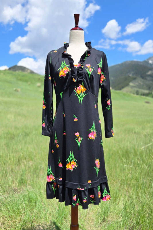 Vintage 70s Black Floral Short Dress - large