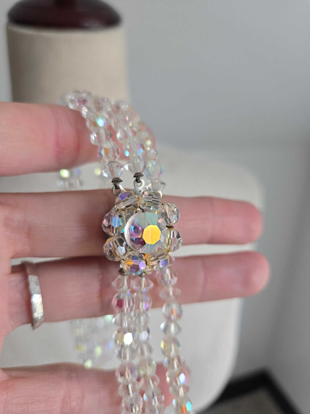 Vintage Three Strand AB Glass Crystal Necklace