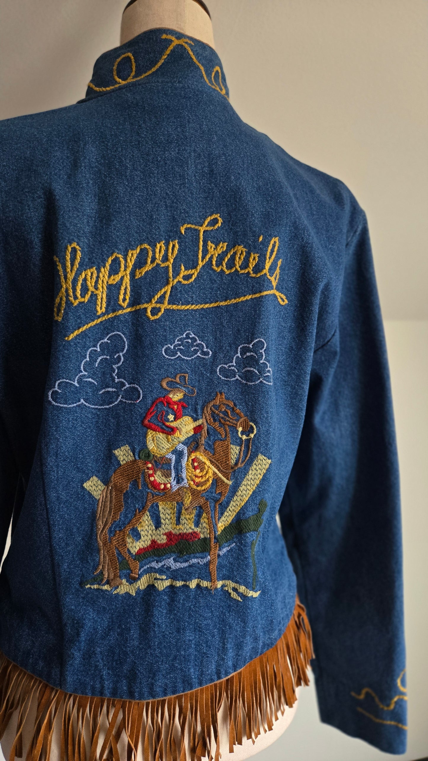 Happy Trails Embroidered Denim Western Jacket with Fringe - Medium