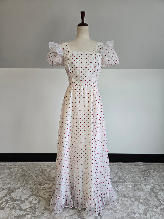 Nadine 1970s Formal/Party Dress with Red Velvet Polka Dots - Small
