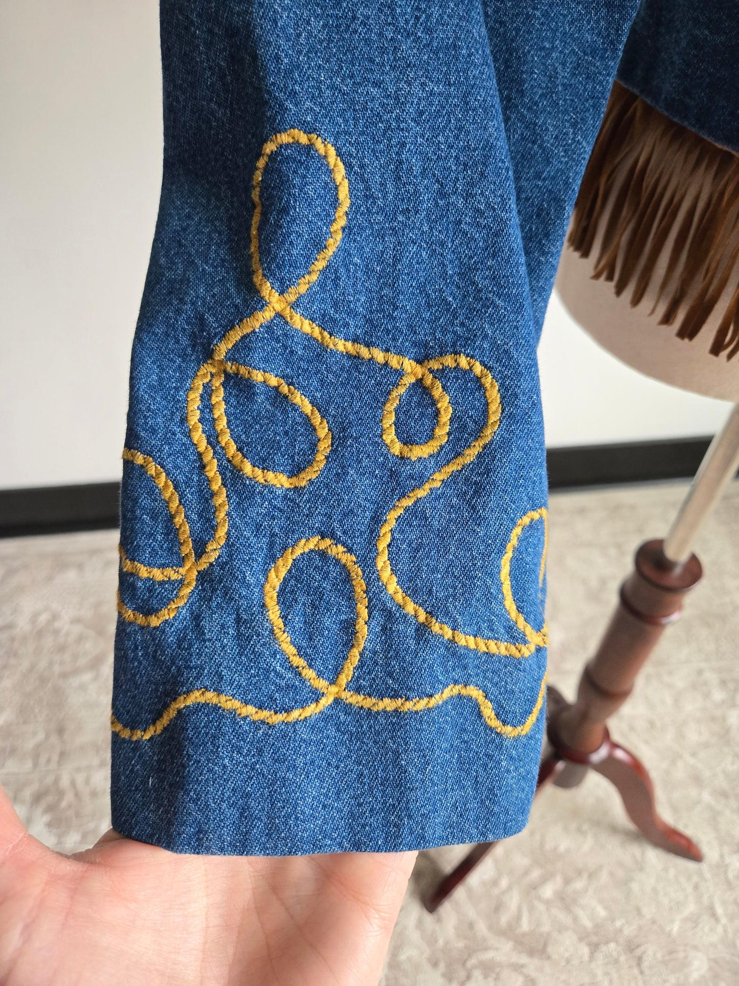 Happy Trails Embroidered Denim Western Jacket with Fringe - Medium