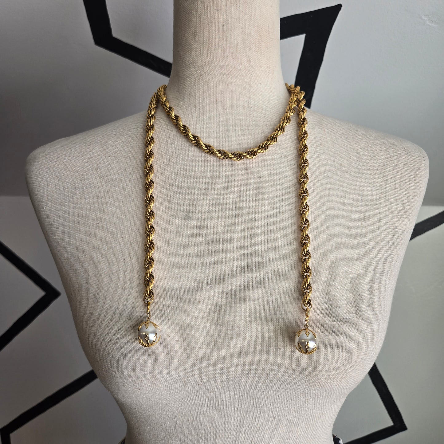 Vintage Gold Tone Open Strand Necklace With Two Drop Pearls