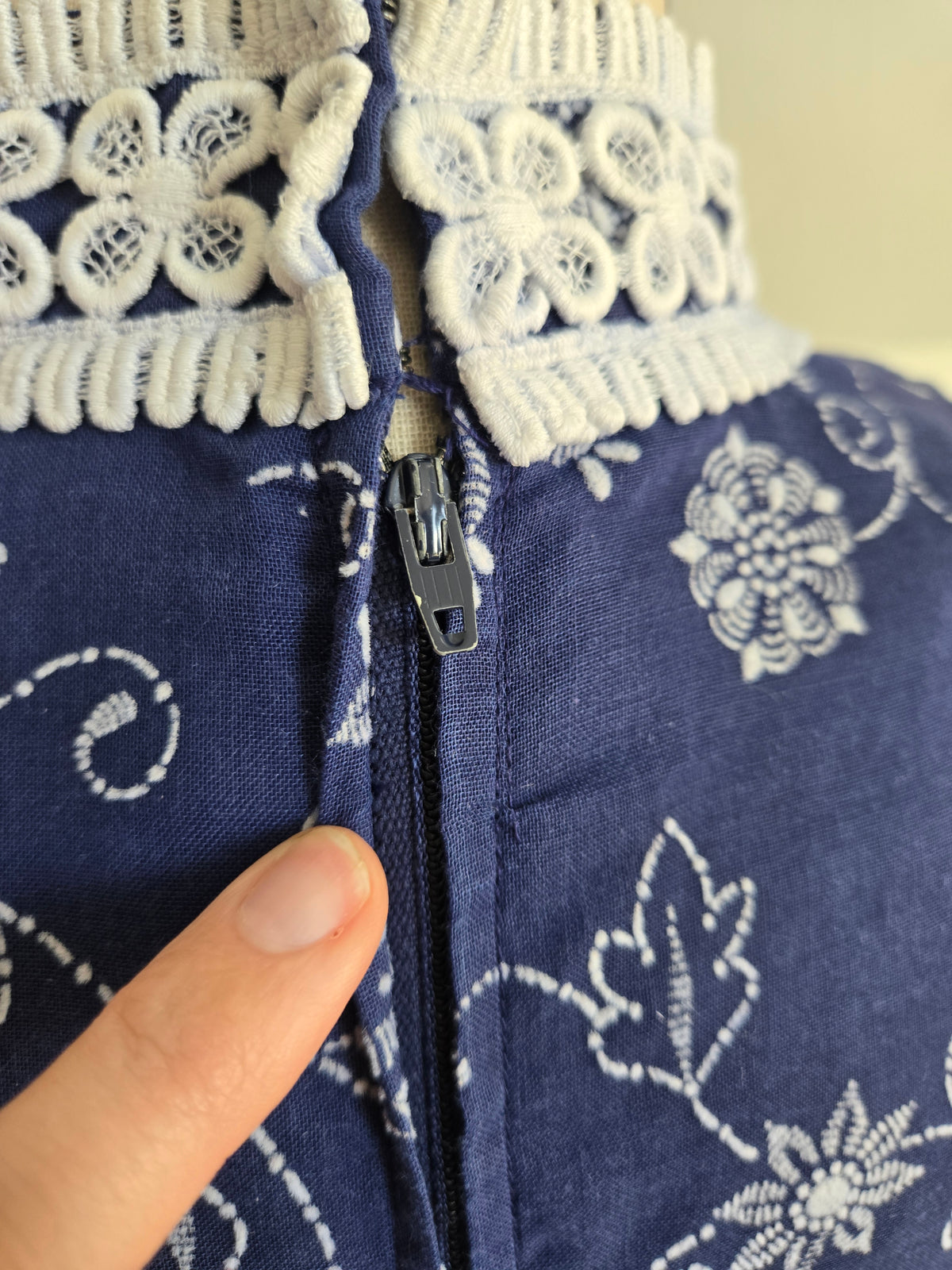 Vintage 70s Navy Blue Floral Embroirdered Maxi Dress - S/M