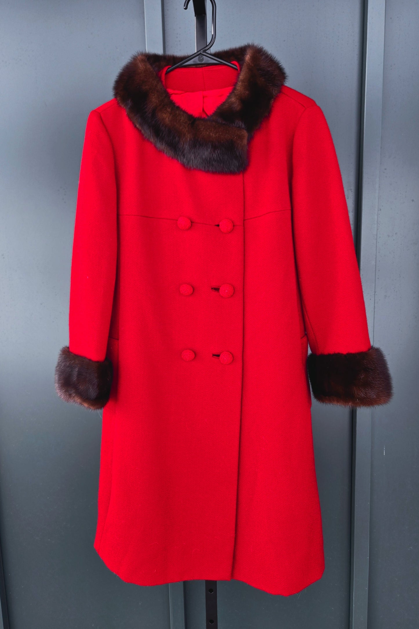 Holly Gab 1960s Red Australian Worsted Wool and Mink Fur Swing Coat - Medium