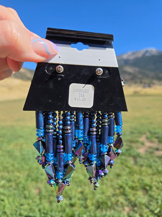 Deadstock Vintage Blue Iridescent Beaded Fringe Pierced Earrings