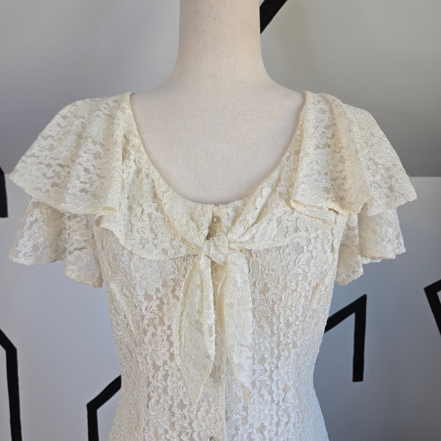 All That Jazz Vintage 80s Shear Ivory Lace Dress with Cape Flutter Sleeve - Small