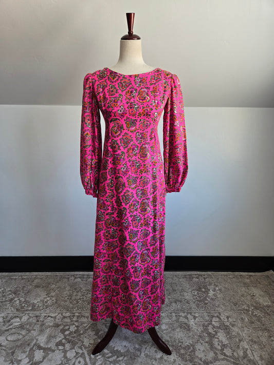 Vintage Pink Paisley Brushed Acrylic Dayglo Print Dress - XS/S