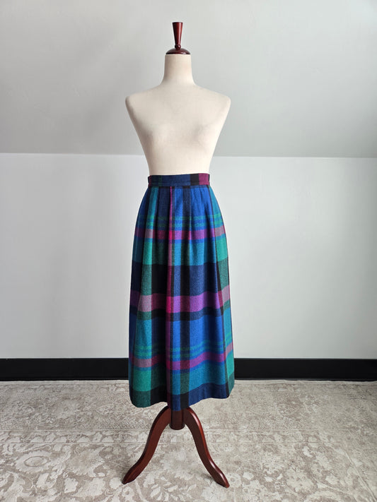 Pliers Vintage 70s Wool Colorful Plaid A-Line Skirt - W24"