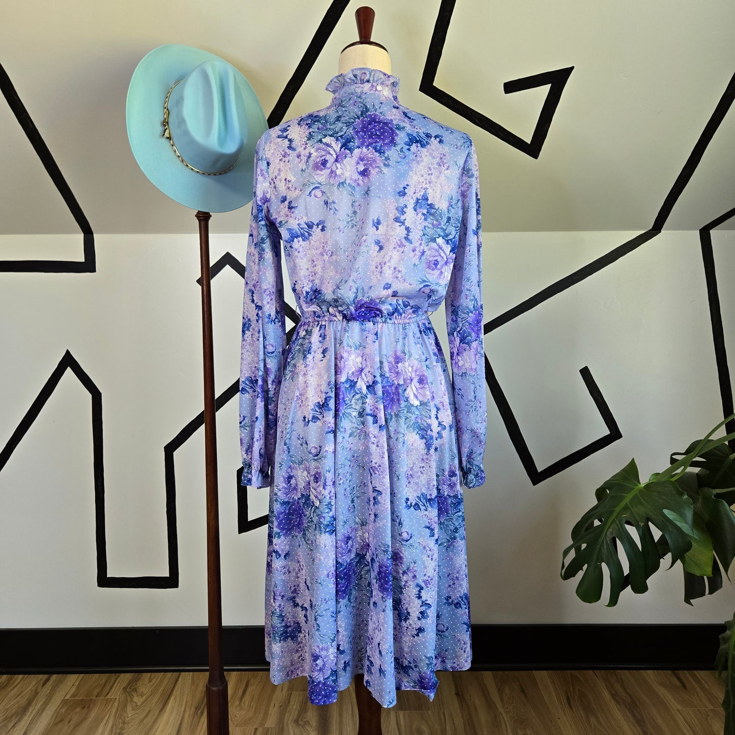 Vintage 1970s Lavender Florals and Polka Dots Midi Dress - large