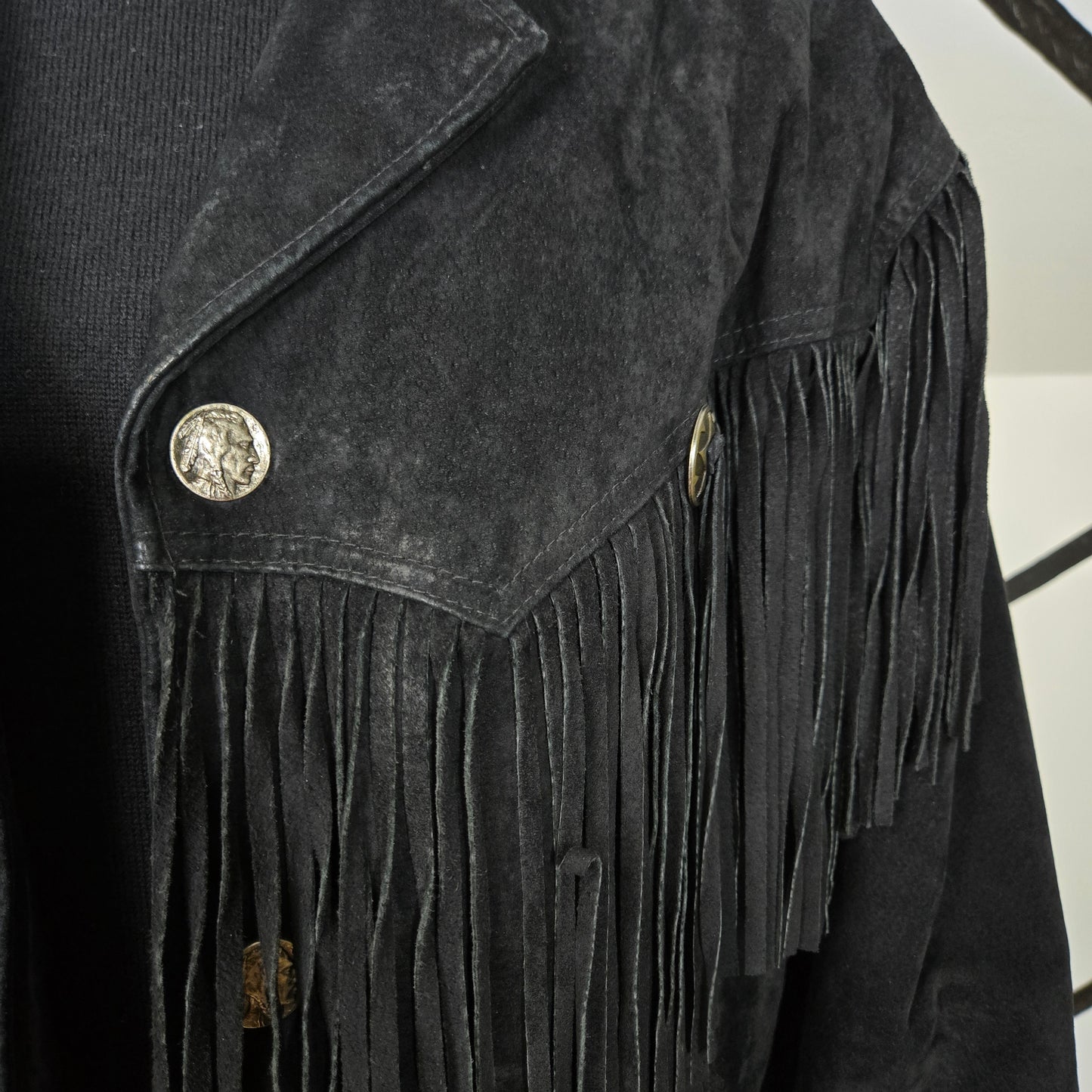 Byrnes & Baker Vintage Black Suede Leather Fringe Jacket - medium