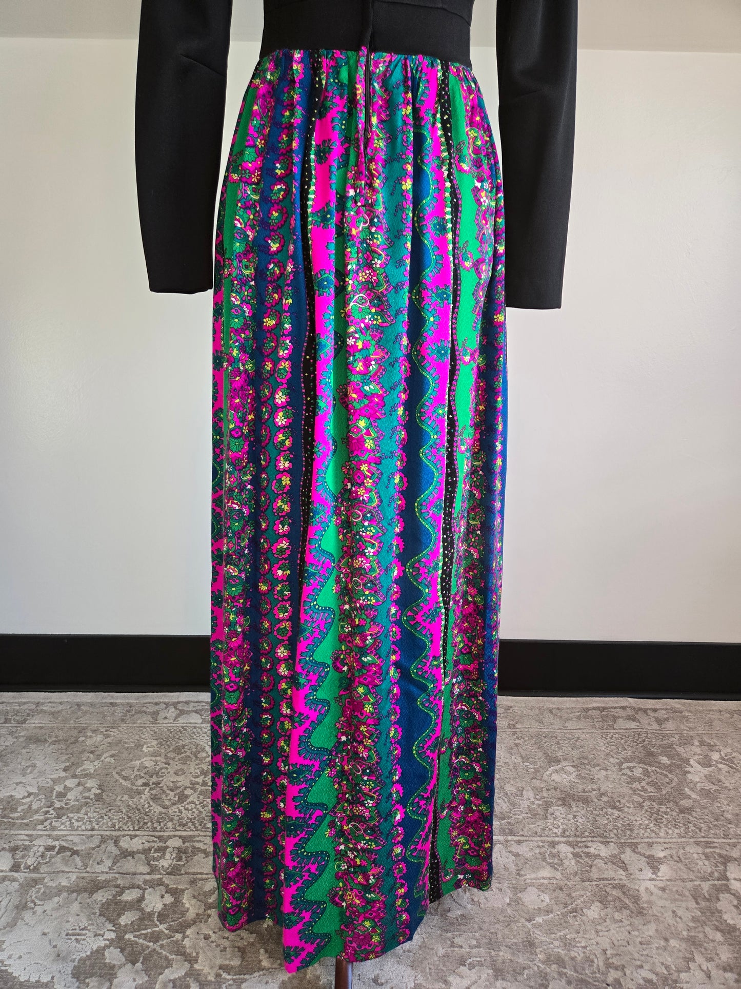 Vintage 70s Black Maxi Dress with Barkcloth Skirt - small