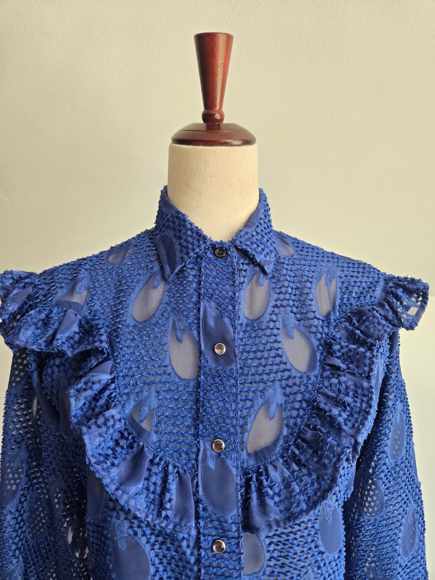 Miss Rodeo America Vintage Blue Shear Blouse with Ruffle - Small