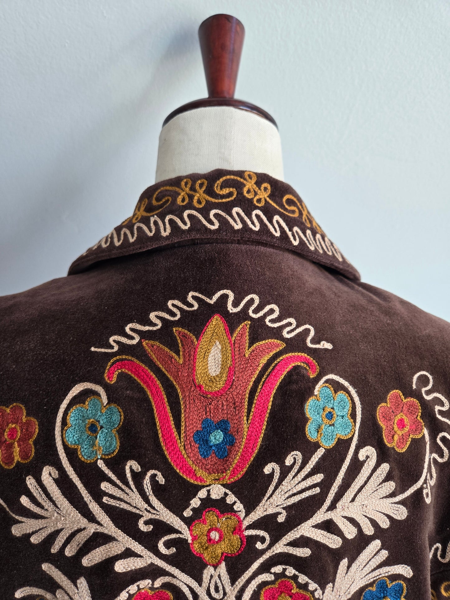 Doubled D Ranch Brown Velvet Blazer with Colorful Stitching Detail - XL