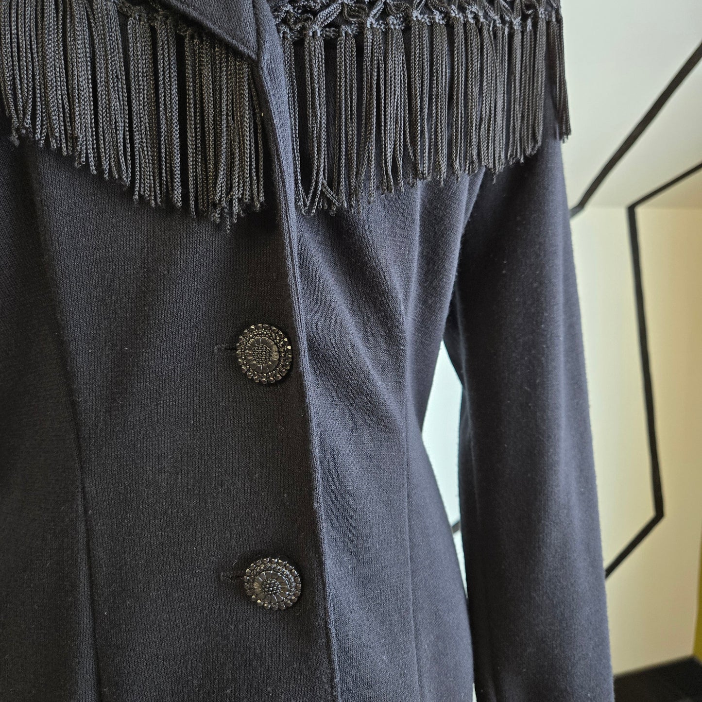 D'Knits Vintage Black Knit Blazer with Fringe Shoulders - small