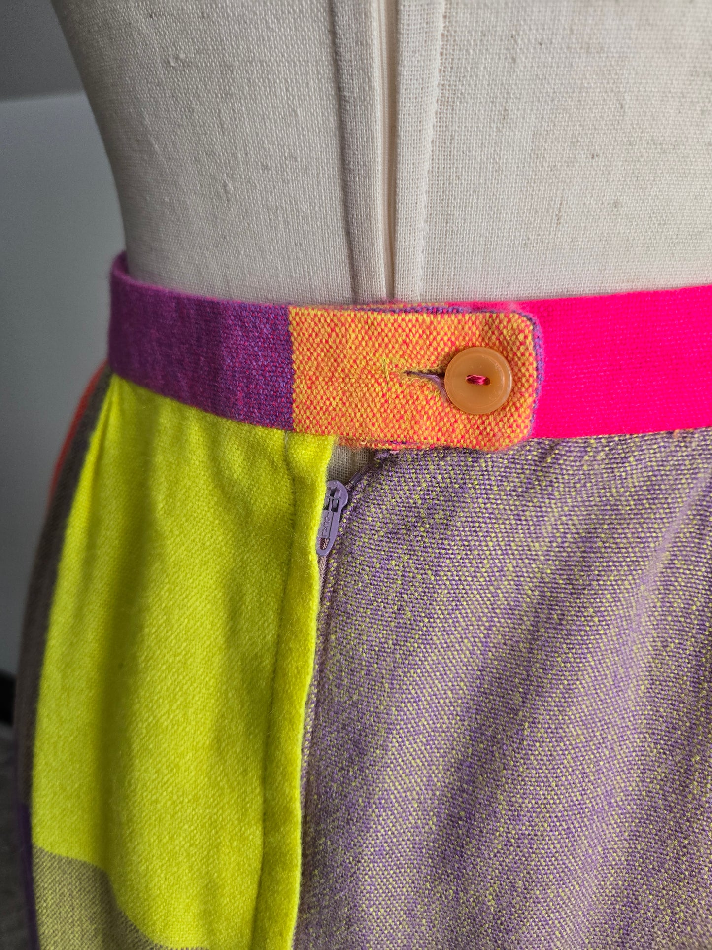 Vintage 70s Neon Plaid Matching Skirt and Scarf Set - W28"