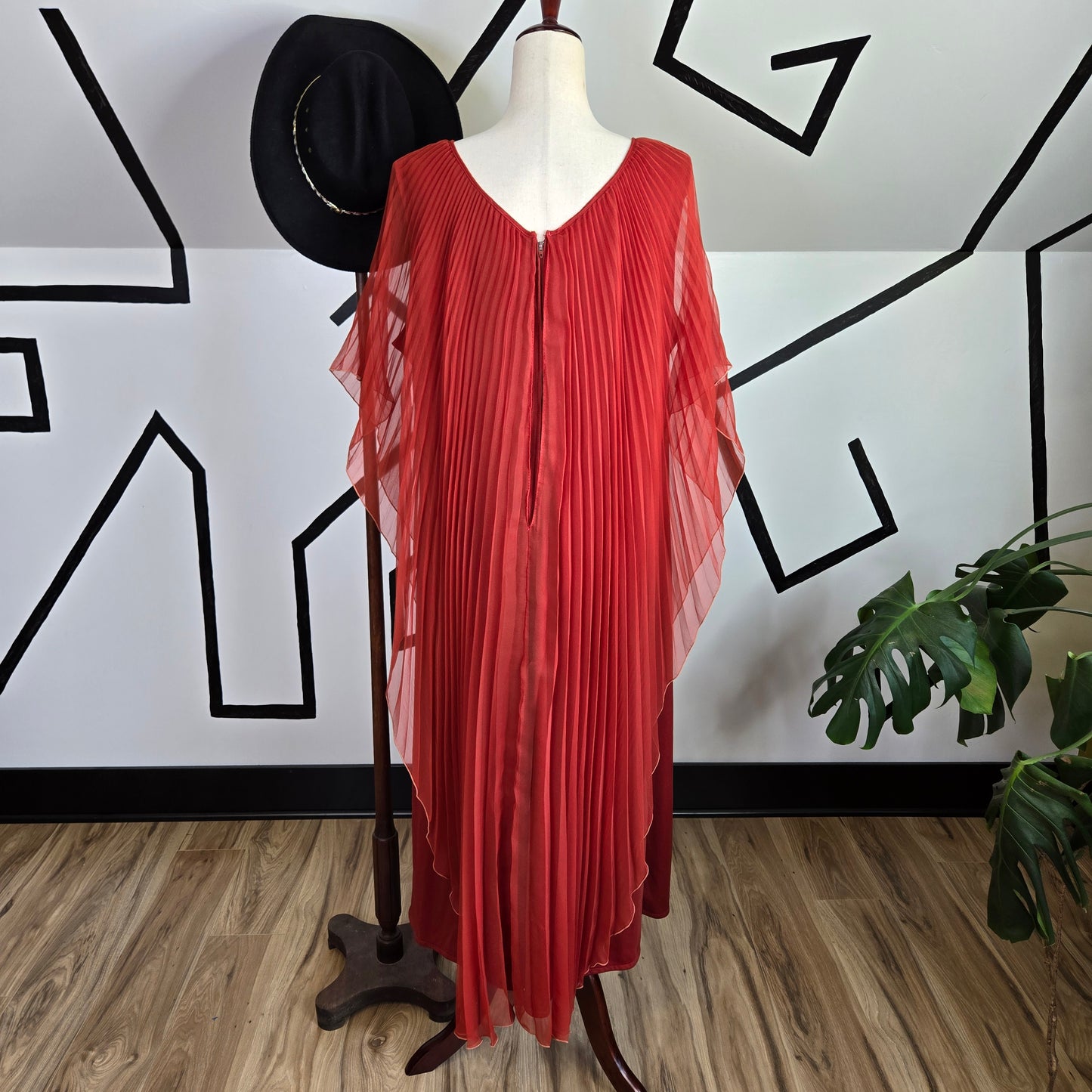 Rust Orange Vintage 1970s Pleated Maxi Dress - XL