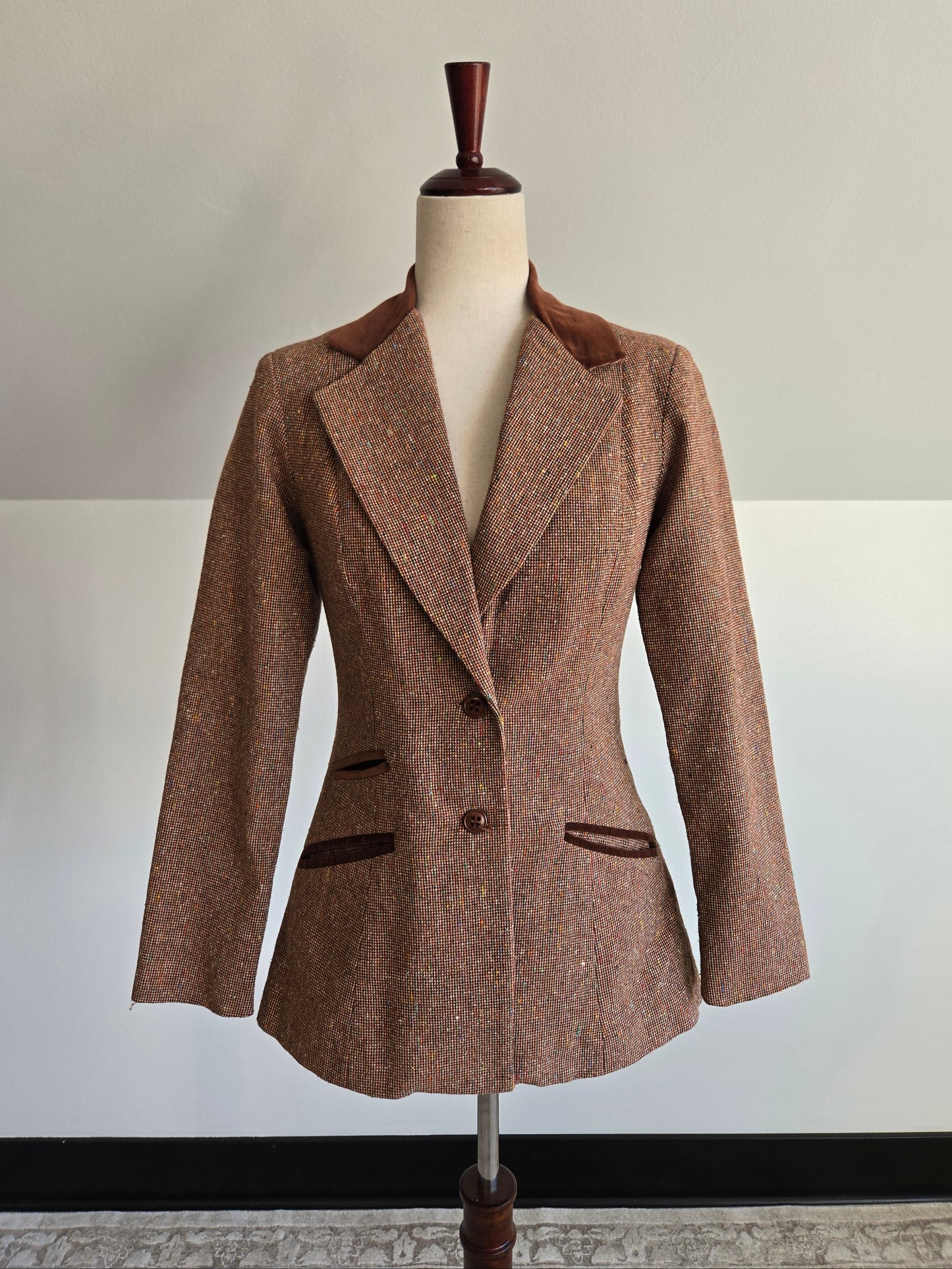 One Main Place Vintage 70s Brown Tweed Blazer - XS/S