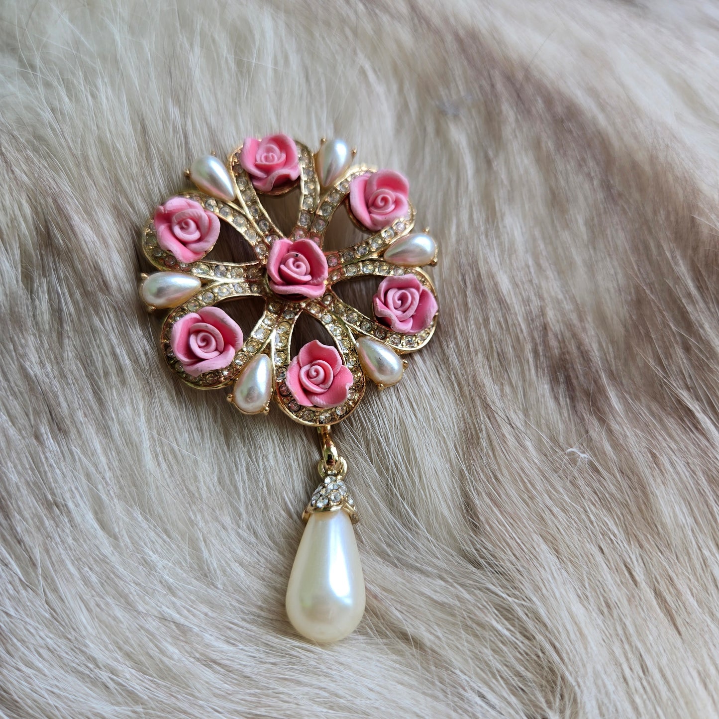 Pink Flowers and Pearls Gold Vintage Dangle Brooch