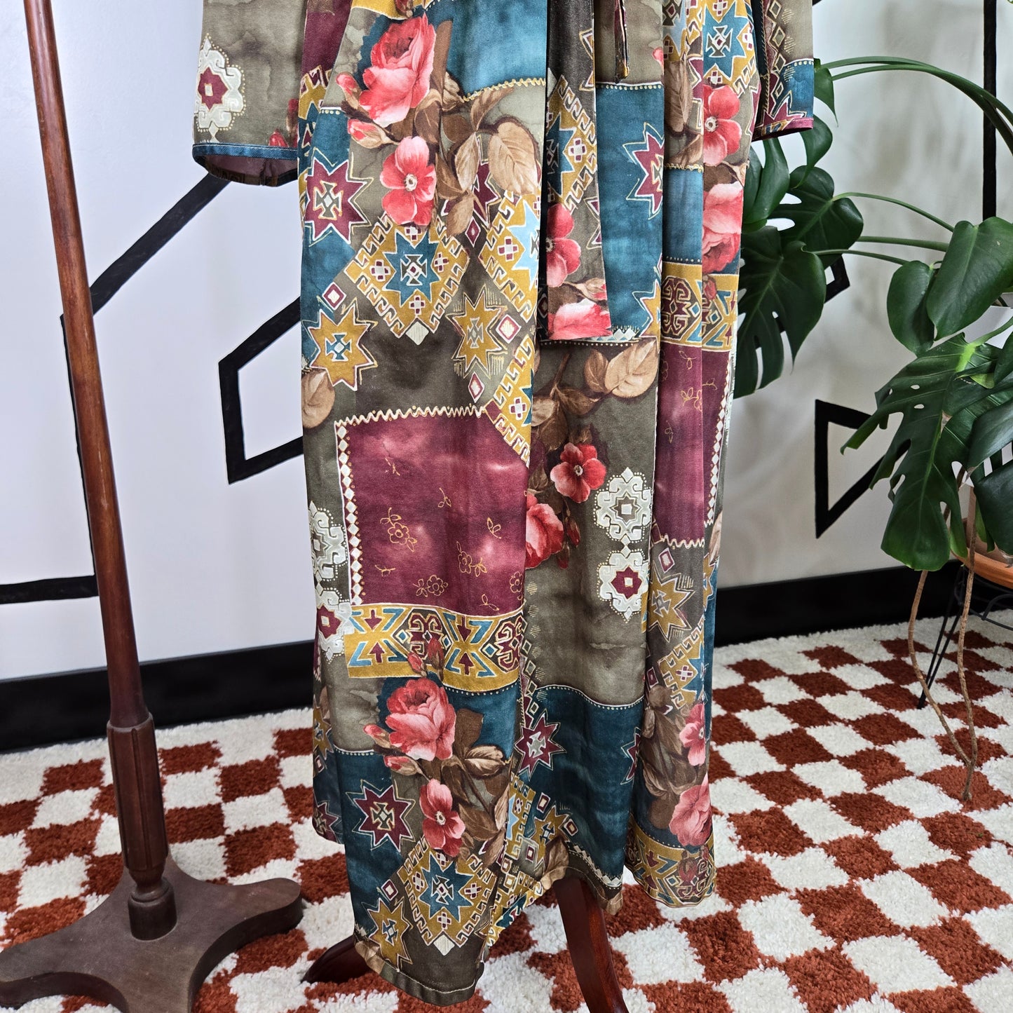Southwest and Floral Mix Vintage 70s Printed Robe with Belt - XL