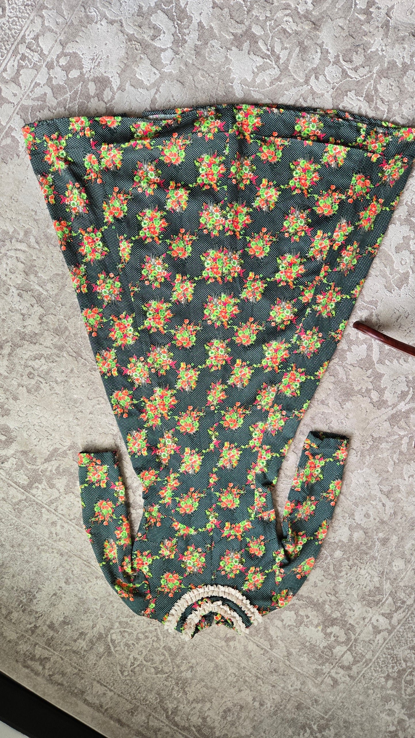 Vintage 1970s Green Floral Flower Power and Lace Maxi Dress - Medium