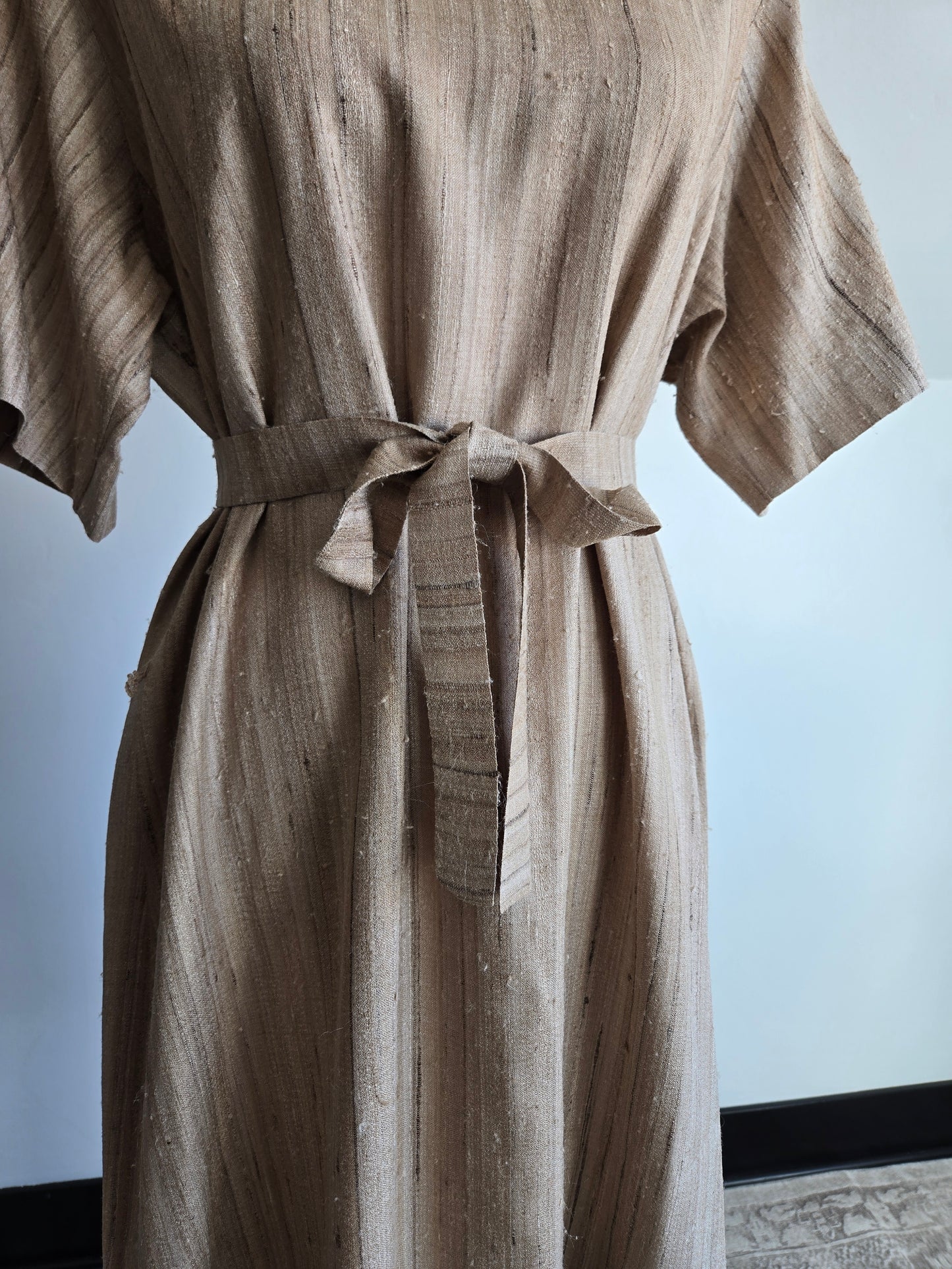 Vintage Raw Silk Tan Hand Made Dress - large