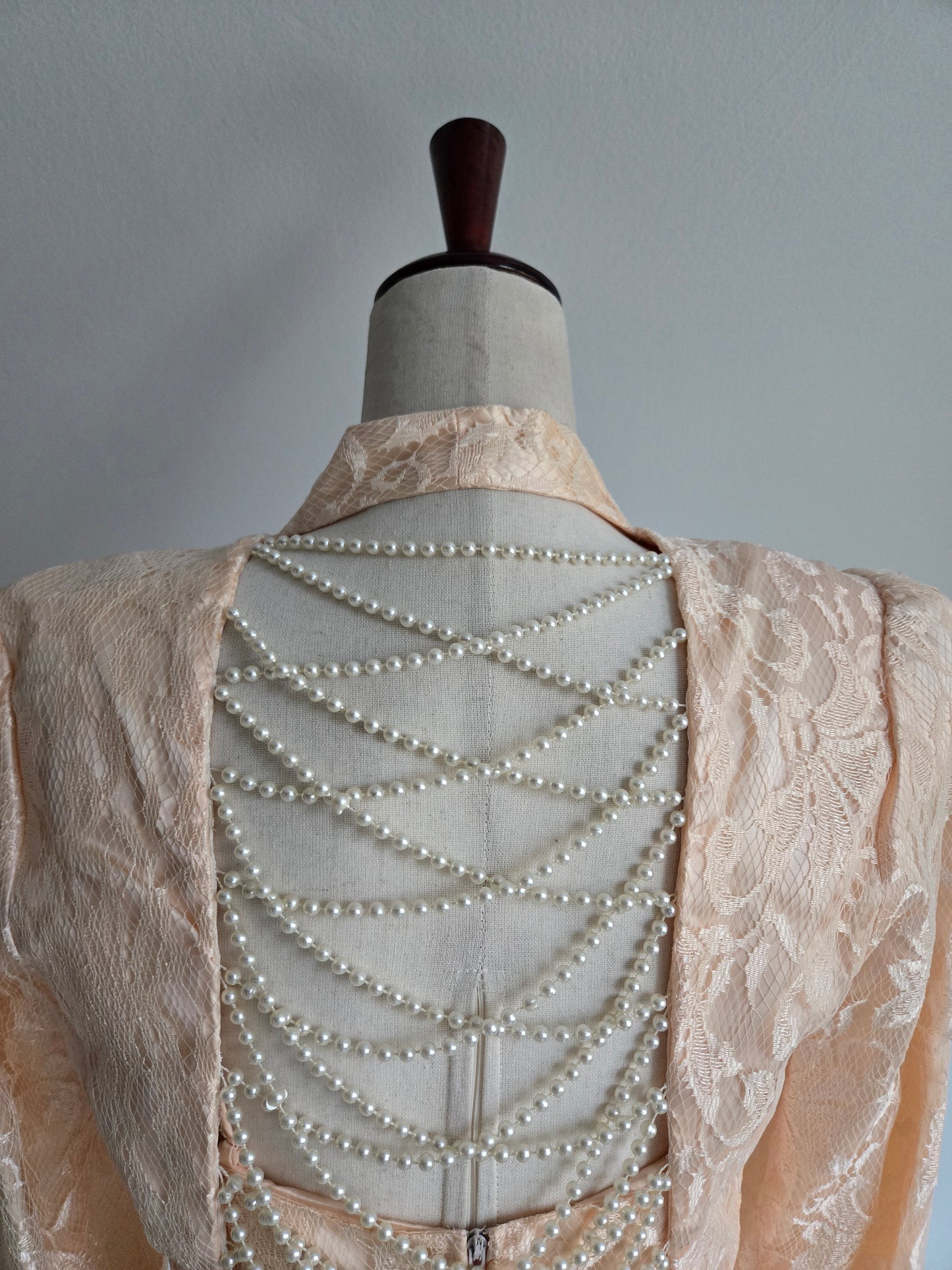 New Leaf Vintage 80s Peach Lace Dress and Pearl Bolero - Small