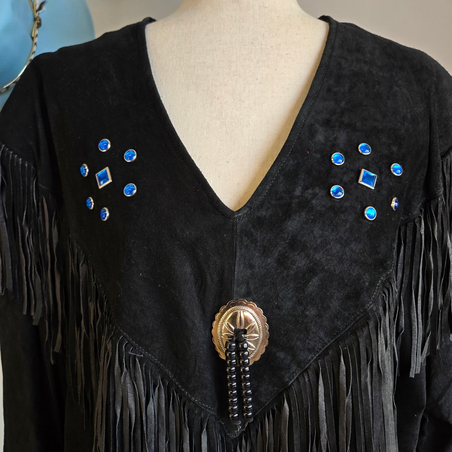 Vintage 90s Black Suede Fringe Top with Blue Gems - 2XL