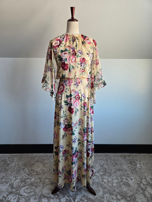 Vintage 70s Whimsical Floral Dress with Cape - S/M/L