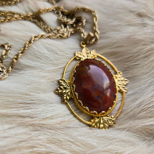 Vintage Red Stone in Regal Setting Double Chain Necklace