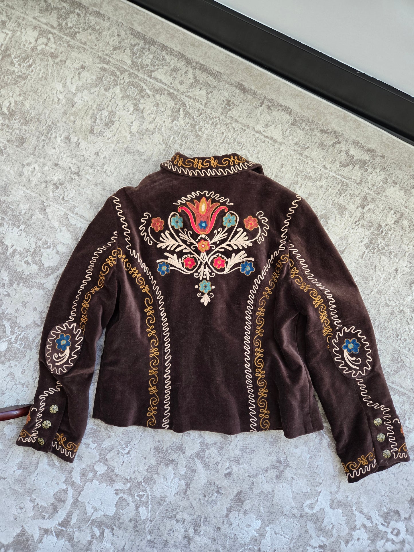 Doubled D Ranch Brown Velvet Blazer with Colorful Stitching Detail - XL
