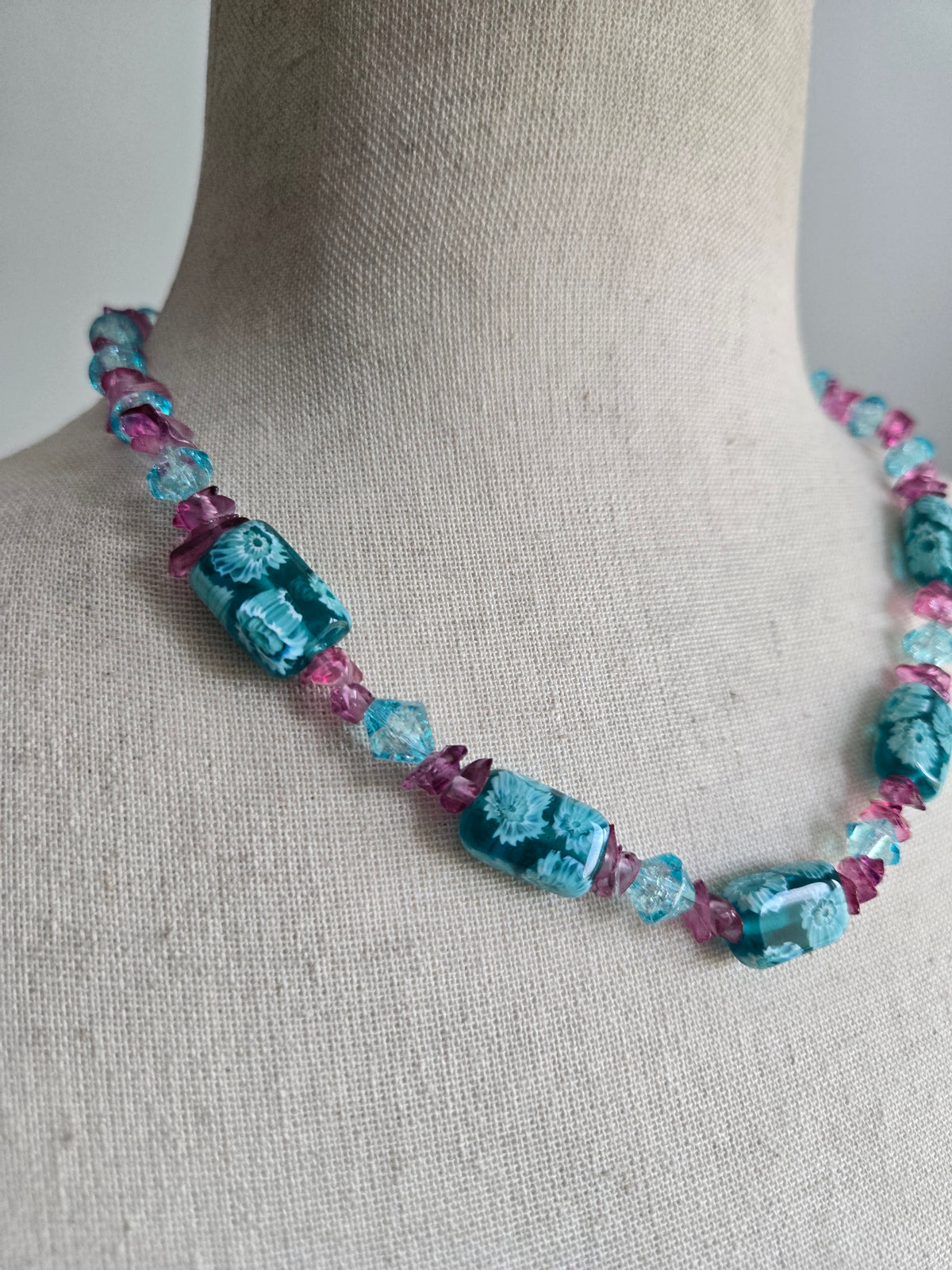 Turquoise and Pink Art Glass Bead Necklace