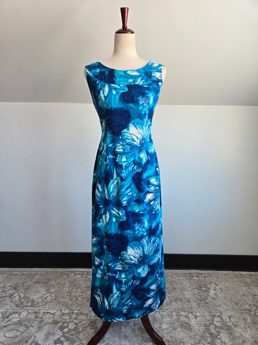 Royal Hawaiian Barkcloth Blue Floral Made in Hawaii Dress - Small