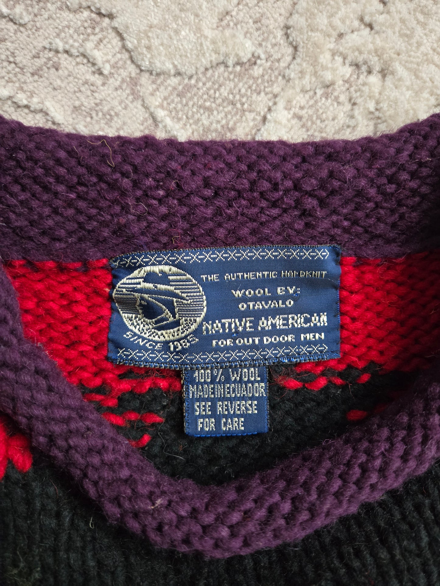 Otavalo Hand Knit Wool Rainbow Tree Native American for Outdoor Men Sweater - Large