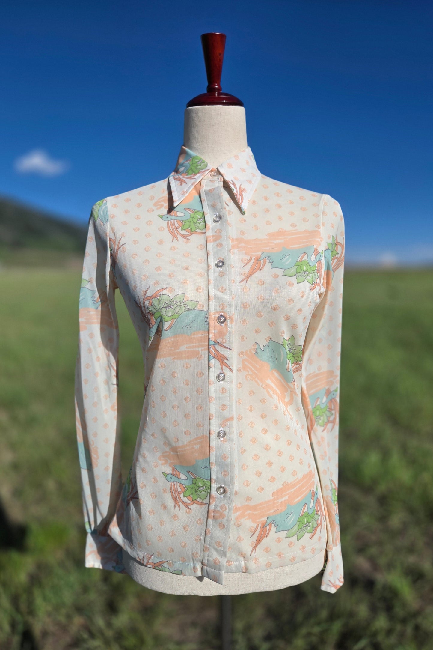 Rare Vintage 60s Swan Motif Nylon Button Down Top - XS