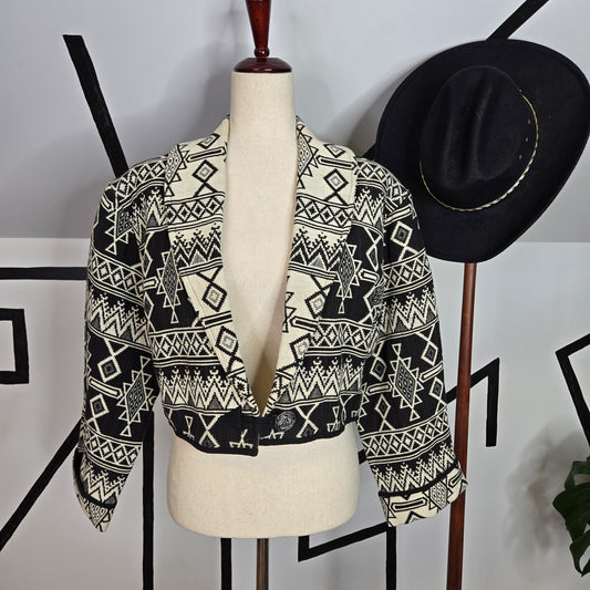 Black and White Western Tapestry Crop Jacket - Medium