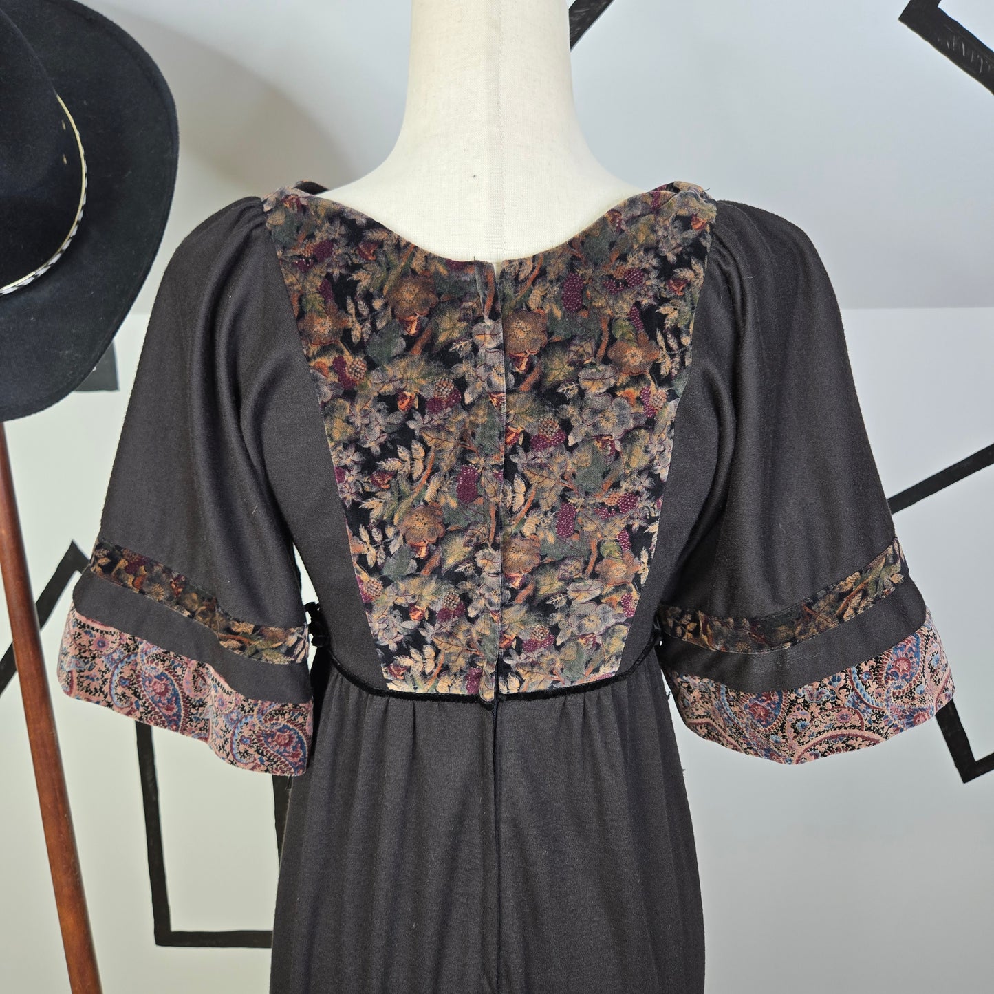 Vicky Vaughn Vintage 70s Brown and Floral Velvet Maxi Dress -