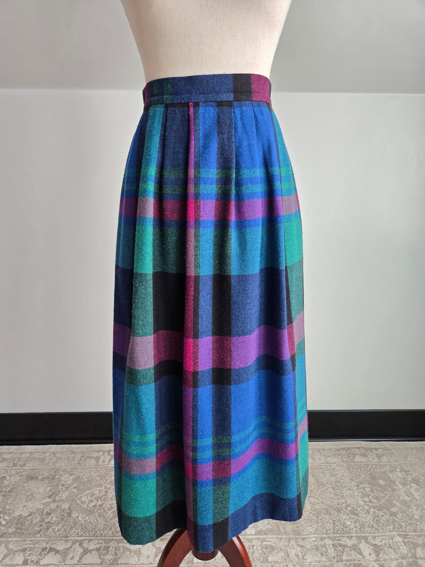 Pliers Vintage 70s Wool Colorful Plaid A-Line Skirt - W24"