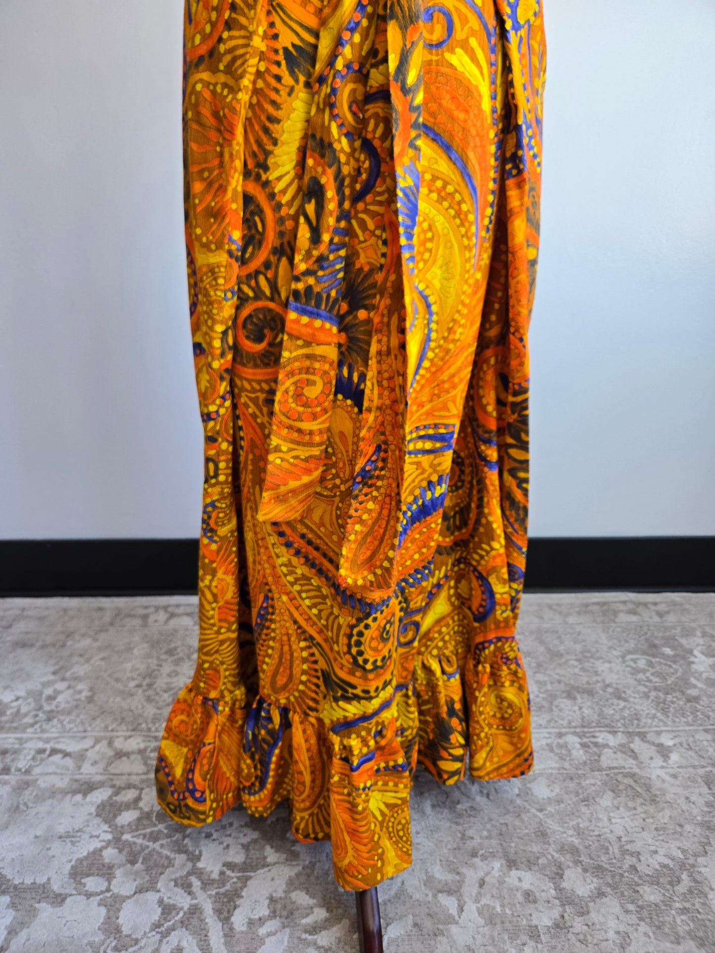 Vintage Barkcloth Orange Psychedelic Dayglo Print Maxi Dress - XS/S