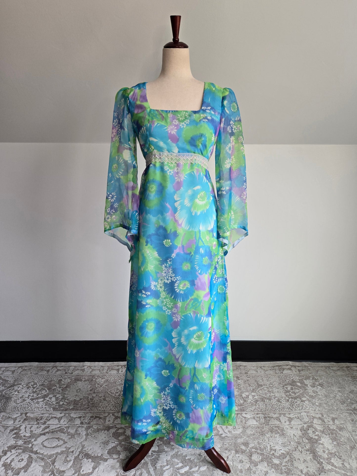 Vintage 70s Blue and Purple Psychedelic Floral Print Maxi Dress - XS