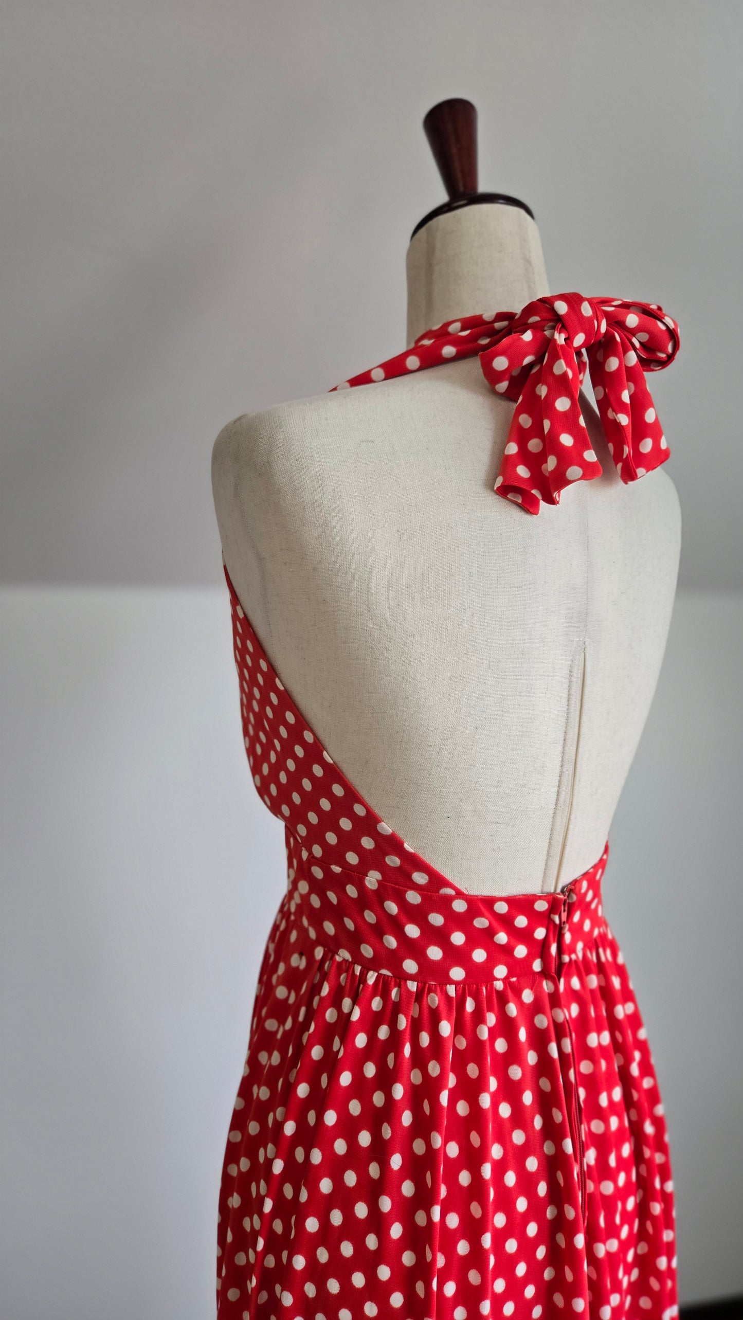 1960s Nylon Red and White Polka Dot Halter Dress - XS